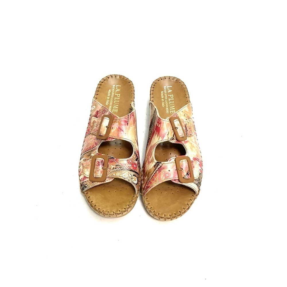 Vintage Y2K deadstock brown leather pink printed buckle wedge walking sandals - Picture 1 of 8